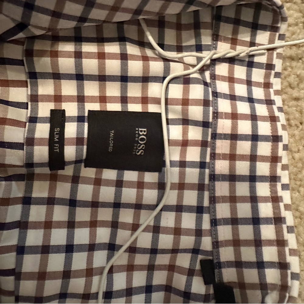 Hugo Boss dress shirt. Blue/ brown check pattern. Slim fit size 42 16 1/2 neck.